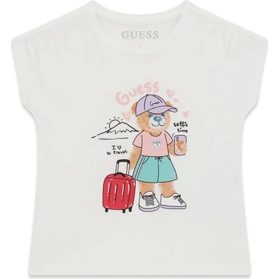 GUESS Бяла тениска за мини момиче с цветно мече и розов надпис Guess