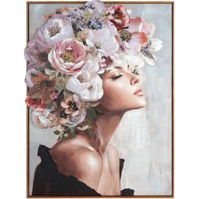 Ručne maľovaný obraz na plátne s motívom ženy s kvetmi II, 70x100cm, krémový