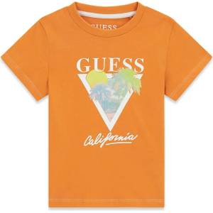 GUESS Оранжева тениска за мини момче с бял надпис Guess и палми