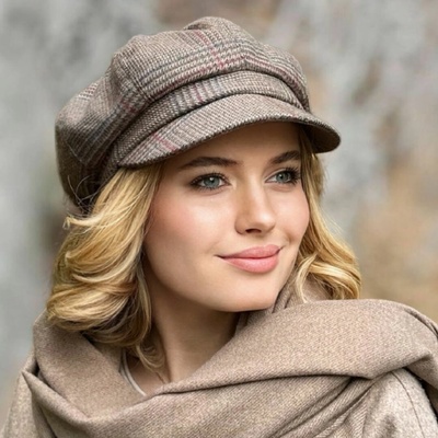 Krumlovanka bekovka Newsboy Cap hnědý károvaný tvíd Me-B41