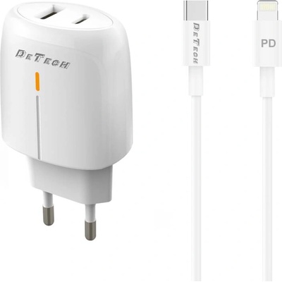 DeTech Мрежово зарядно устройство DeTech DE-31PDL, 20W, С Type-C към Lightning кабел, 1 x Type-C F, 1 x USB F, PD, QC, Бял - 40323