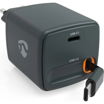 Nedis WCHARC65WBK - Nabíjačka so zatahovacím káblom Power Delivery 65W 2x USB-C čierna WCHARC65WBK