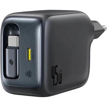 Baseus Захранване за ел. мрежа с вграден USB-C кабел и USB-C изход с технология за бързо зареждане - Baseus EnerCore CJ11 Fast Wall Charger with USB-C Port and Retractable USB-C Cable 45W (черен) (E0120G00)