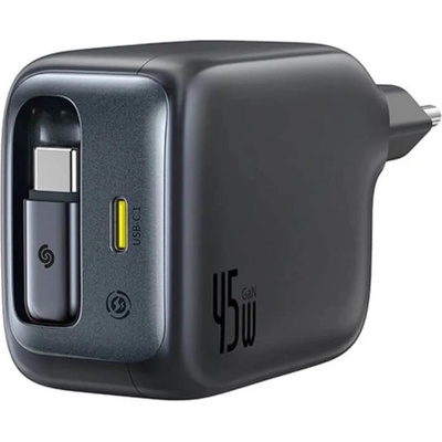 Baseus Захранване за ел. мрежа с вграден USB-C кабел и USB-C изход с технология за бързо зареждане - Baseus EnerCore CJ11 Fast Wall Charger with USB-C Port and Retractable USB-C Cable 45W (черен) (E0120G00)