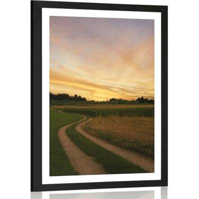 Plakát s paspartou zapadající slunce nad krajinou - 40x60 black