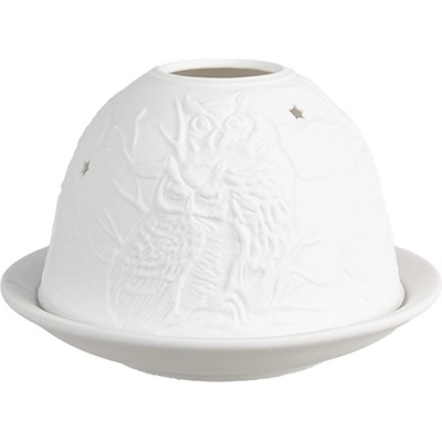 Bílý porcelánový svícen na čajovou svíčku se sovami ve větvích stromů – 12x8 cm