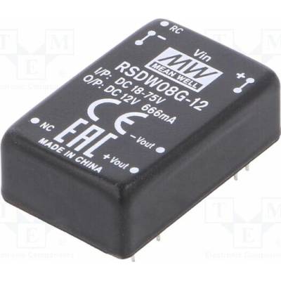 MEAN WELL RSDW08G-12 Měnič: DC/DC; 8W; Uvst: 18÷75VDC; Uvýst: 12VDC; Ivýst: 0÷666mA; DIP24