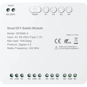 Avatto ZigBee 4-канален комутационен модул с безнапреженов DC 32V контакт Avatto ZWSMMD-4-250V (ZWSMD-4-250V)