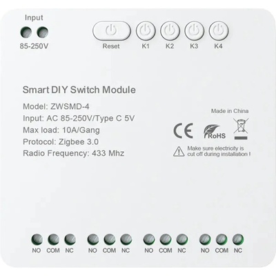 Avatto ZigBee 4-канален комутационен модул с безнапреженов DC 32V контакт Avatto ZWSMMD-4-250V (ZWSMD-4-250V)