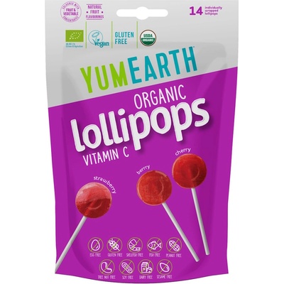 YumEarth BIO Ovocná lízátka s vitamínem C jahoda třešeň lesní plody 14 ks 87 g