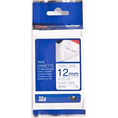 páska BROTHER TZeFA3 modré písmo, biela nažehľovacia páska FABRIC Tape (12mm) (TZEFA3)