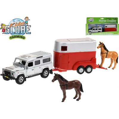 MIKRO TRADING - Kids Globe Farming auto Land Rover Defender kov 14cm zpětný chod s přívěsem pro koně 11cm