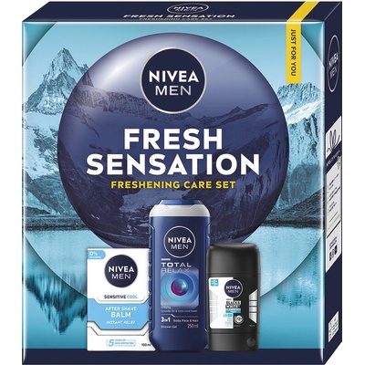 Nivea Men Total Relax relaxačný sprchový gél 250 ml + Sensitive balzam po holení 100 ml + Black & White Invisible Fresh tuhý antiperspitant pre mužov 50 ml kozmetická sada
