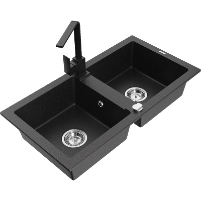 Mexen Mario гранитна кухненска мивка с 2 отделения с кухненски смесител Rita, черен/златист металик - 6504-75-670300-70 (6504-75-670300-70)