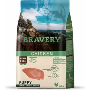 Bravery Chicken Medium & Large Breeds Puppy - за подрастващи кученца от средни и едри породи с пилешко 4 kg