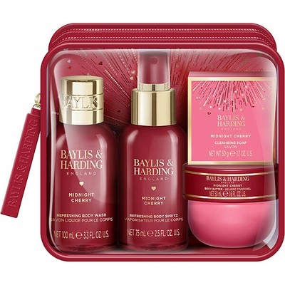 Baylis & Harding Midnight Cherry sprchový gél 100 ml + telový sprej 75 ml + telové maslo 50 ml + tuhé mydlo 50 g + kozmetická taštička 1 ks
