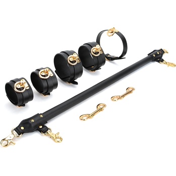 SuperLove Luxury Leather Spreader Bar with Leather Cuffs & Collar Black