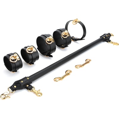 SuperLove Luxury Leather Spreader Bar with Leather Cuffs & Collar Black