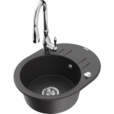 Mexen Kevin гранитна мивка с 1 камера с отцедник и кухненски смесител Savita, черен с пръски - 6517-76-672601-00 (6517-76-672601-00)