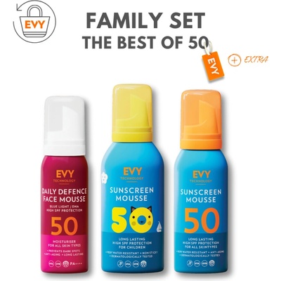 EVY Family Set Daily Defence Face Mousse SPF50 75 ml + Sunscreen Mousse Kids SPF50 150 ml + Sunscreen Mousse SPF50 100 ml + cestovná menovka