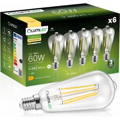 Lumiled 6x LED žárovka E27 8W = 65W 3000K FILAMENT EDISON