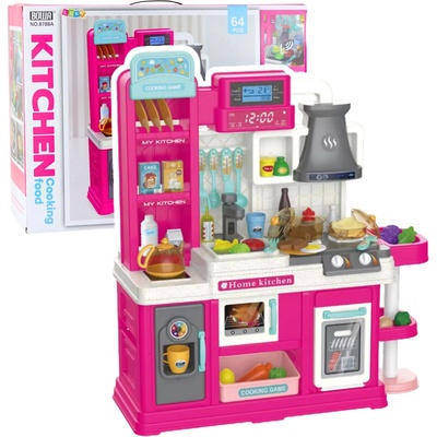 LEAN Toys 28018 Interaktívna detská kuchynka 64 dielov voda, para a meniace sa jedlo, ružová