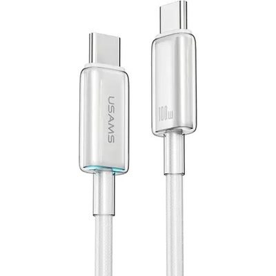 USAMS Кабел за бързо зареждане и данни USAMS SJ660 PD100W Type-C към Type-C прозрачен и светлинна индикация 1.2м, бял (SJ660USB02)