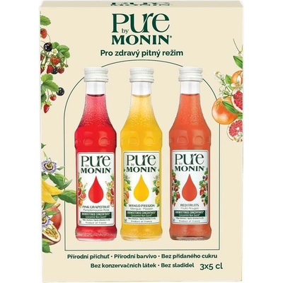Sada sirupů Monin PURE růžový grapefruit, mango & maracuja a červené plody 3 x 50 ml