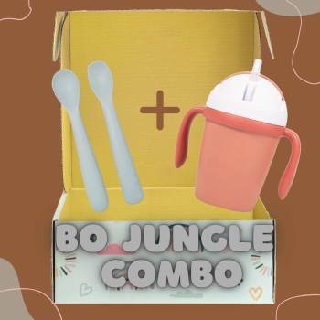 Bo Jungle Комбо: Сет силиконови лъжички "Сиво" + Eco-friendly чаша с дръжки и сламка - цвят по избор (BJ-B572000+BJ-B552030)