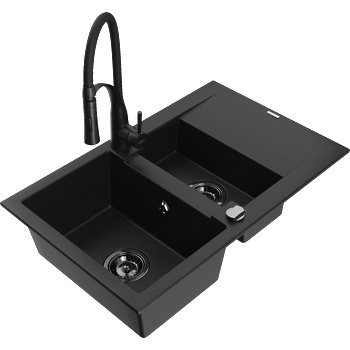 Mexen Gaspar гранитна мивка 1, 5-камерна с отцедник и кухненски смесител Aster, черен - 6507-77-73450-70-B (6507-77-73450-70-B)