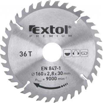 EXTOL PREMIUM pilový kotouč s SK plátky, 160x2,0x30mm, 36T, šířka SK plátků 2,8mm, SK