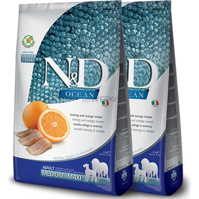 N&D GF Ocean Dog Adult Medium & Maxi Herring & Orange 2 x 12 kg