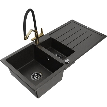 Mexen Andres гранитна мивка с 1, 5 камери и отцедник и кухненски смесител Duo, черен/златен металик - 6515-75-671701-57-B (6515-75-671701-57-B)