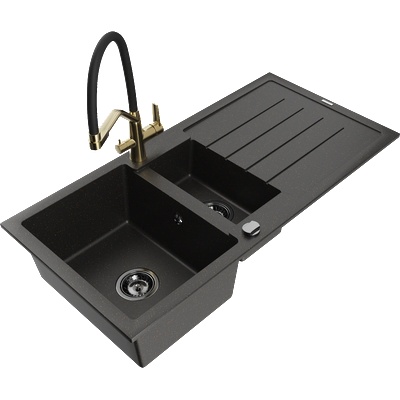 Mexen Andres гранитна мивка с 1, 5 камери и отцедник и кухненски смесител Duo, черен/златен металик - 6515-75-671701-57-B (6515-75-671701-57-B)