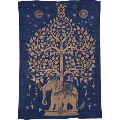 Sanu Babu přehoz na postel s tiskem modrý zlatý tisk strom života a slon 206 x 140 cm