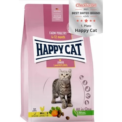 Happy Cat Young Junior Farm Poultry - храна за подрастващи котенца на възраст от 6-ия до 12-ия месец, с пилешко, сьомга, яйца, моркови, 4 кг, Германия - 70540