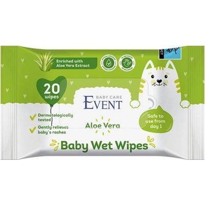 Event Бебешки влажни кърпи Event - С екстракт от алое вера, 20 броя (2EVBE04101ALOE020A)
