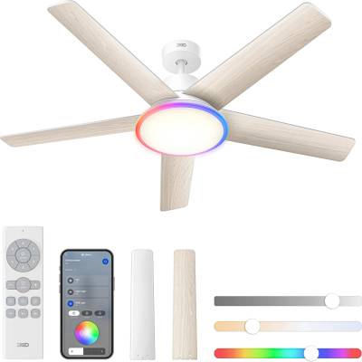 DREO Smart Ceiling Fan with Light, 52" 12 Speeds, 3 Modes, Continuously Dimmable LED Lighting, Quiet DC Motor, 12H Timer, Remote Control/APP/Alexa, Indoor, White - DR-HCF001AS