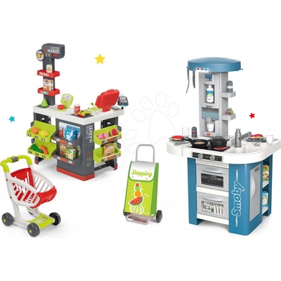 Smoby Set kuchyňka s technickým vybavením Tech Edition elektronická se supermarketem a nákupní vozík s taškou