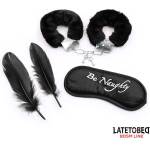 LateToBed BDSM Line 3 Pieces Set Mask, Handcuffs and Feathers Black