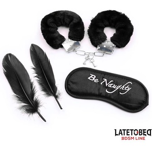 LateToBed BDSM Line 3 Pieces Set Mask, Handcuffs and Feathers Black