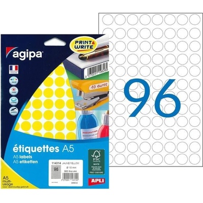 Etikety kruhové 15mm Agipa A5 žlté 114314