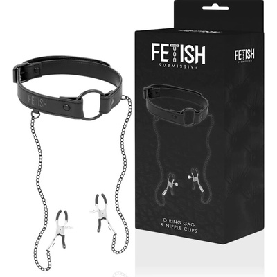 Fetish Submissive O Ring Gag & Nipple Clips Vegan Leather