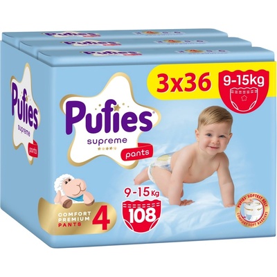 pufies Пелени гащи Pufies Supreme - Размер 4 Maxi, 108 броя, 9-15 kg, 3 x Value Pack (54000278)
