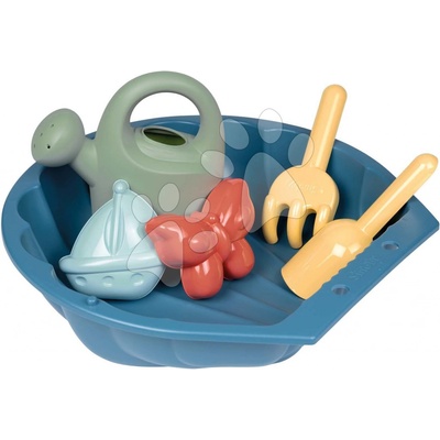 Smoby Pieskovisko ekologické mušľa s formičkami Mini Sand Pit Green s krhličkou a lopatka s hrabličkami 35 cm