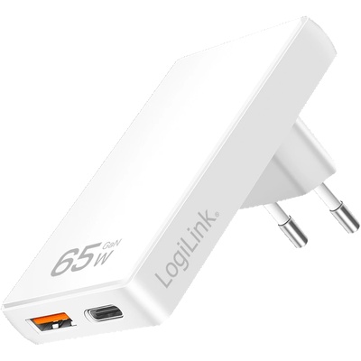 LogiLink Адаптер за двойно USB гнездо, 65 W, USB-A, USB-C, изключително тънък, бял