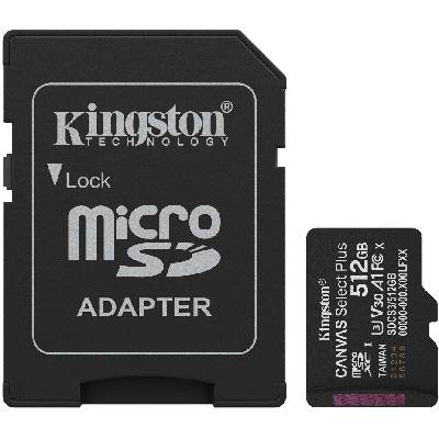 Карта памет Kingston - Canvas Select Plus, 512GB, microSD, C10 + адаптер (SDCS3/512GB)