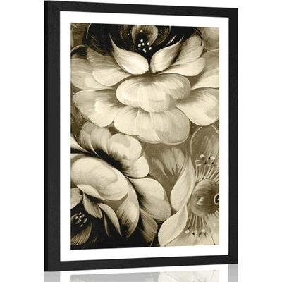 Plakát s paspartou impresionistický svět květin v sépiovém provedení - 30x45 silver