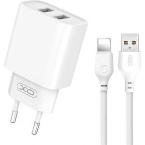 XO CE02C мрежово зарядно устройство с 2 USB порта, 10, 5 W + Lightning кабел, БЯЛО (XO-CE02C+L)