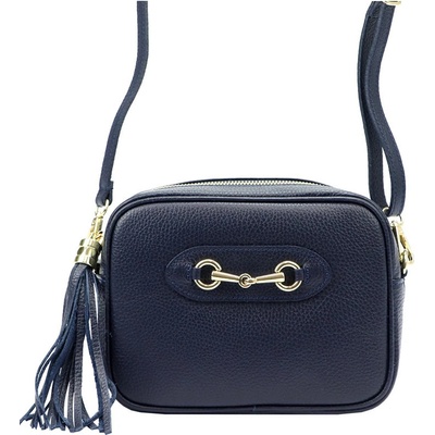 Kožená jednozipsová crossbody kabelka so zlatými doplnkami tmavo modrá